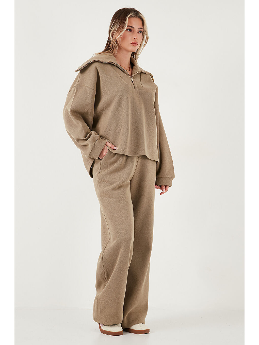 Haki Pamuklu Oversize Fit Yarım Fermuarlı Yaka Uzun Kollu Triko Takım 68351218-1