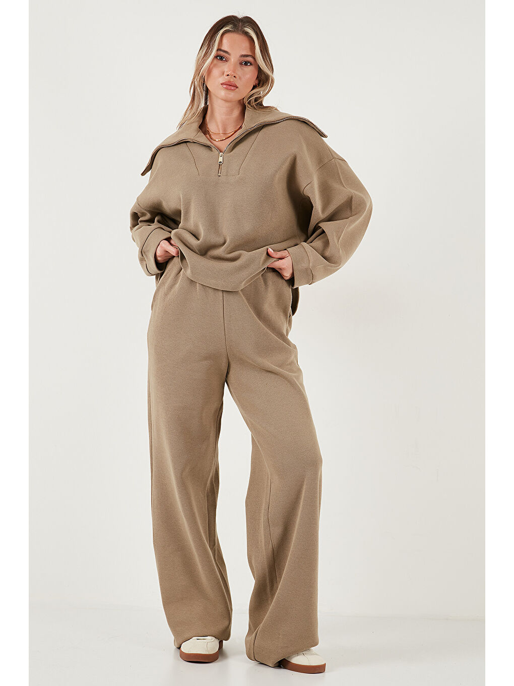 Haki Pamuklu Oversize Fit Yarım Fermuarlı Yaka Uzun Kollu Triko Takım 68351218-2