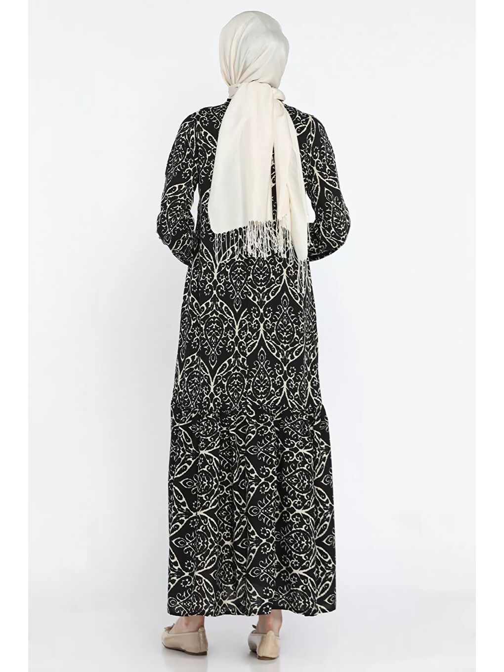 Siyah Desenli Bel Bağlamalı Tesettür Viskon Elbise-5