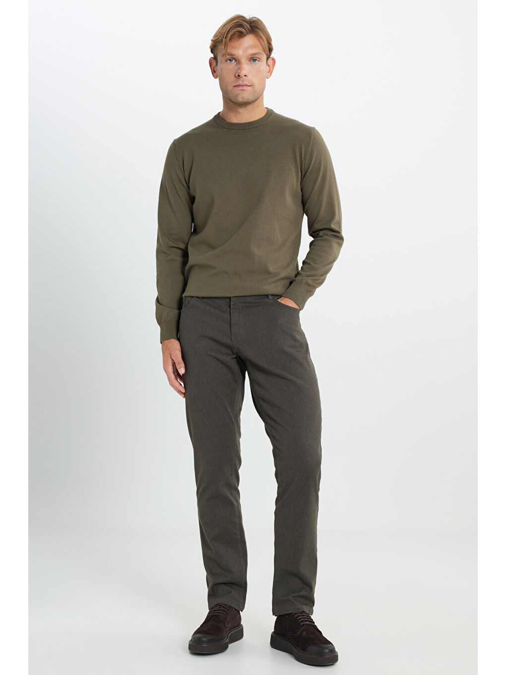 Erkek Kahverengi Pamuklu Slim Fit Dar Kesim 5 Cep Armürlü Esnek Casual Pantolon-1