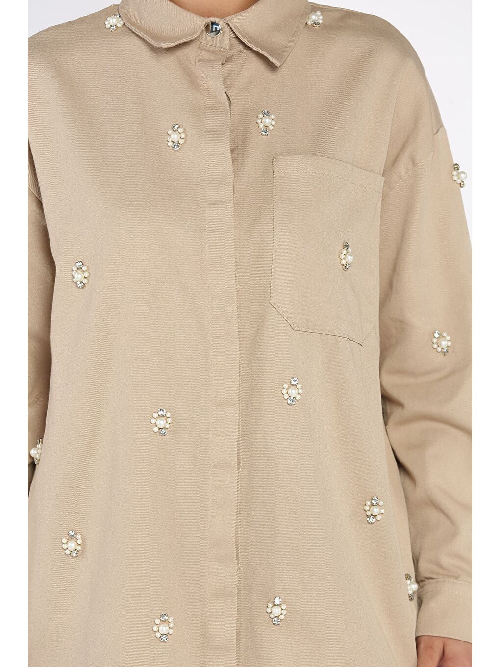 Bej Taş Detaylı Gabardin Gömlek Tunik-7