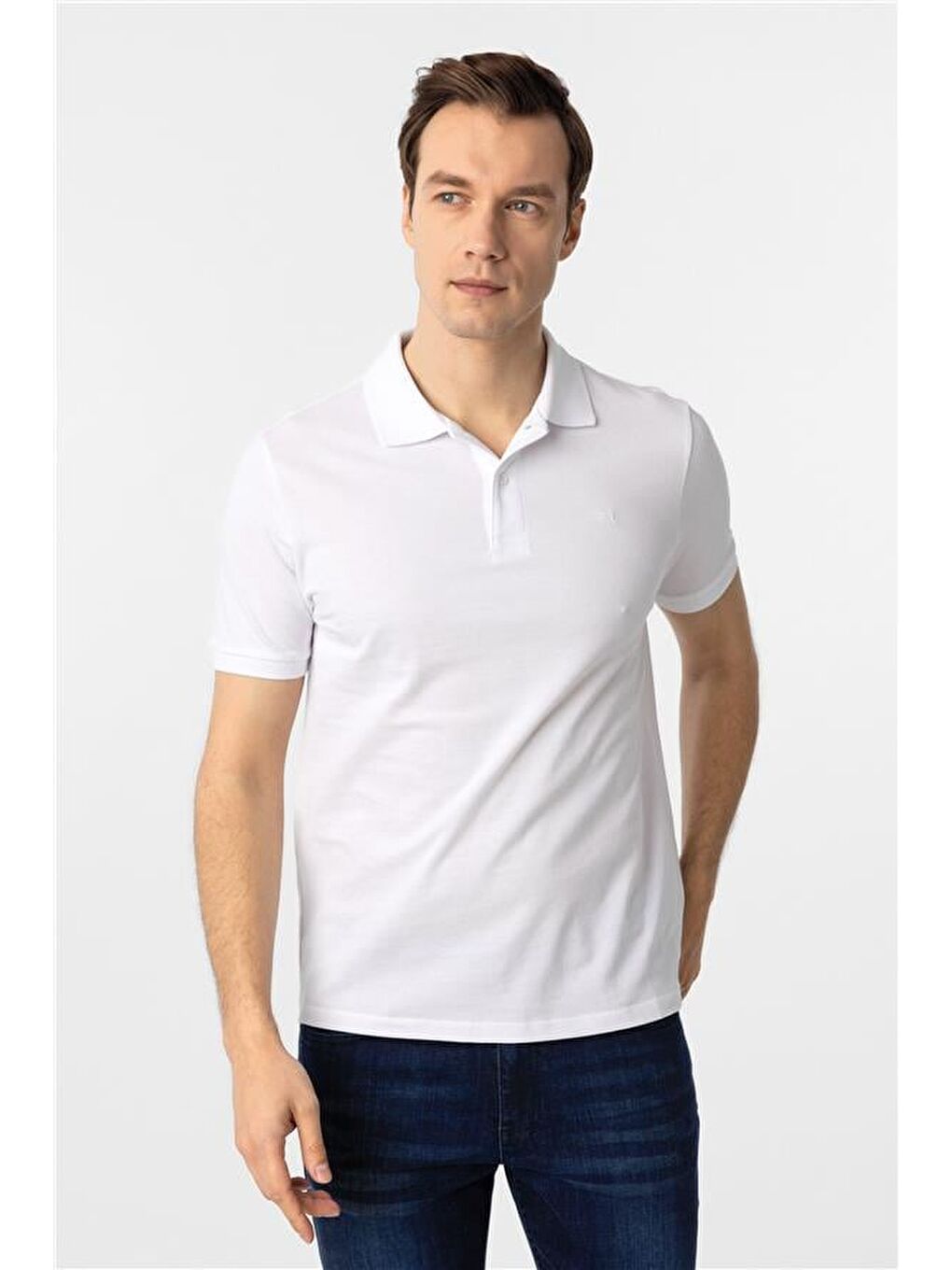Beyaz Slim Düz Polo Yaka Tişört-1