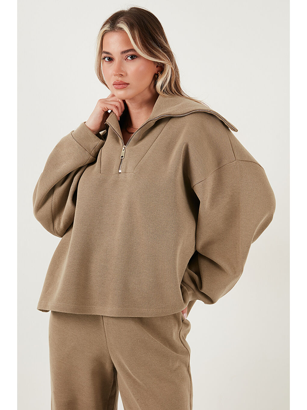 Haki Pamuklu Oversize Fit Yarım Fermuarlı Yaka Uzun Kollu Triko Takım 68351218-3