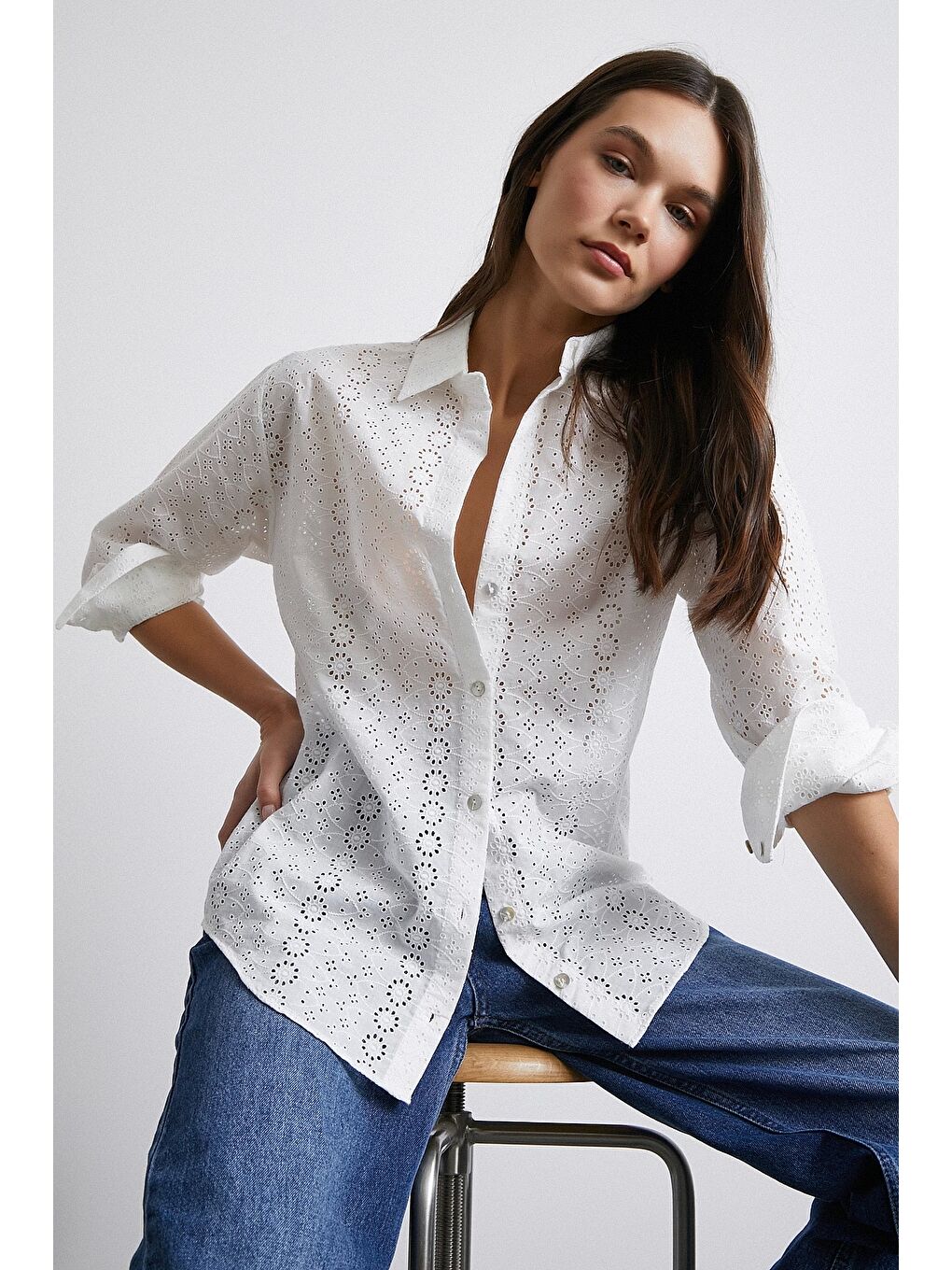 Fisto Nakışlı Premium Kalite Gömlek Ekru-3