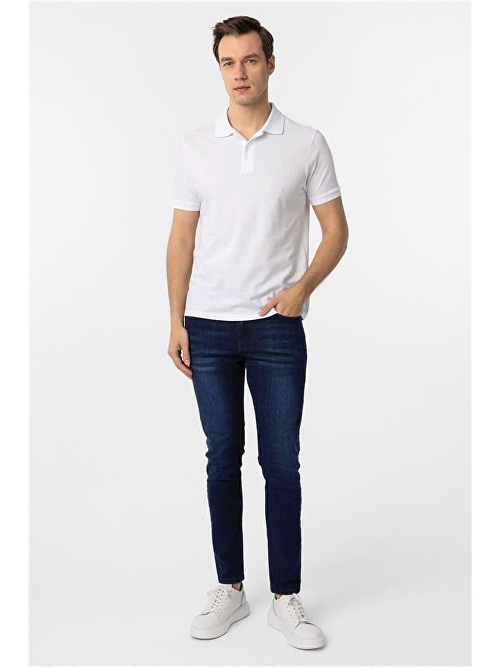 Beyaz Slim Düz Polo Yaka Tişört-4