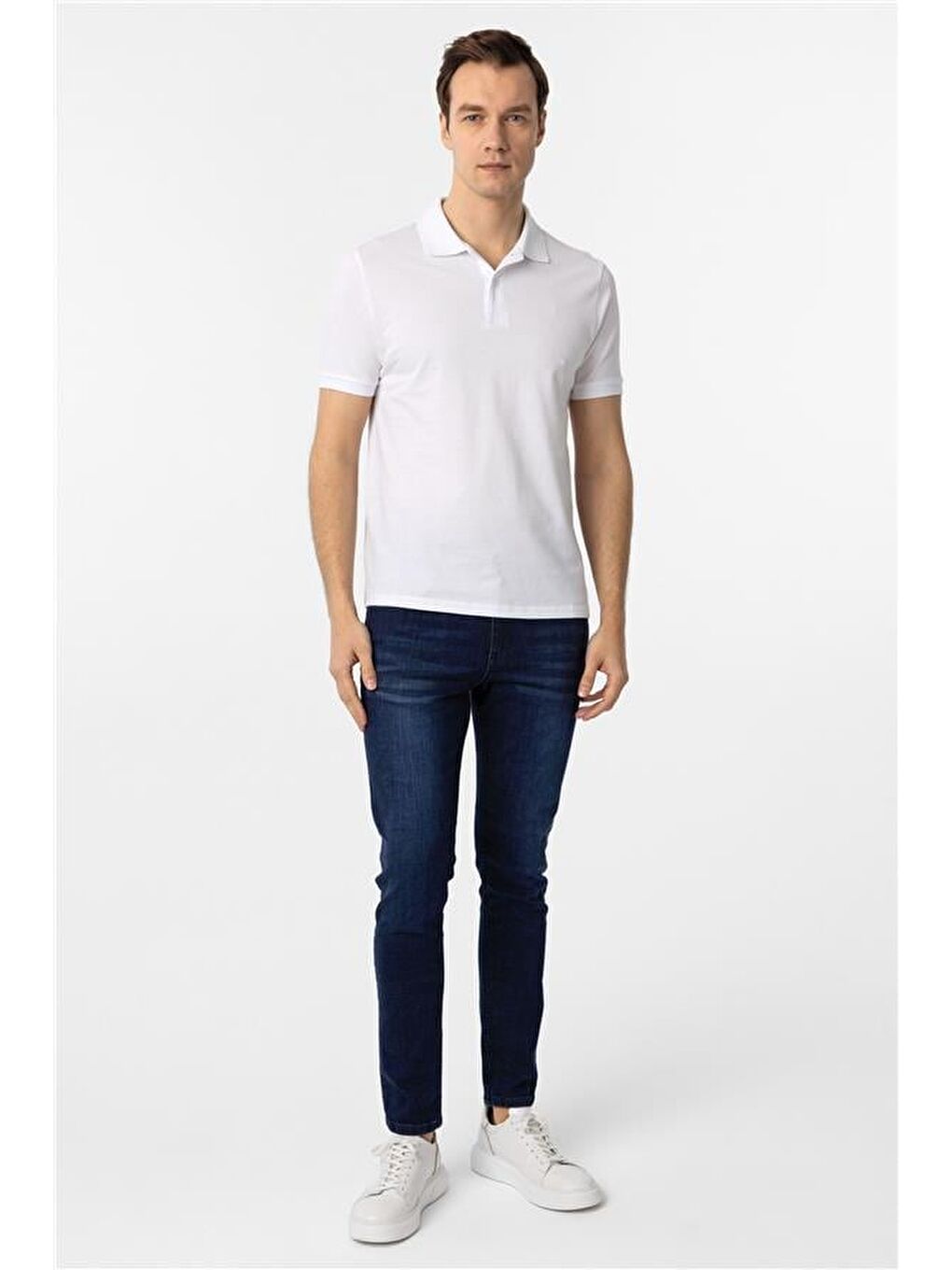Beyaz Slim Düz Polo Yaka Tişört-5