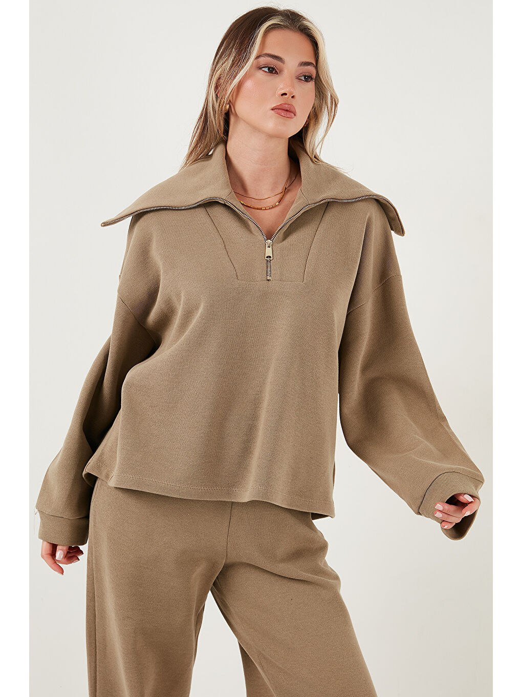 Haki Pamuklu Oversize Fit Yarım Fermuarlı Yaka Uzun Kollu Triko Takım 68351218-4