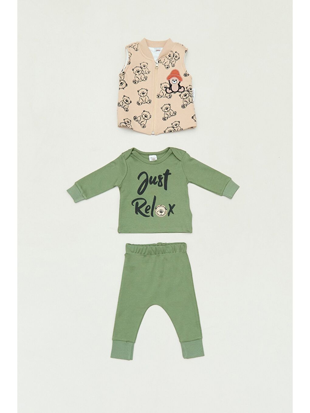 Haki Ayıcık Nakışlı Yelekli 3 Lü Erkek Çocuk Takım