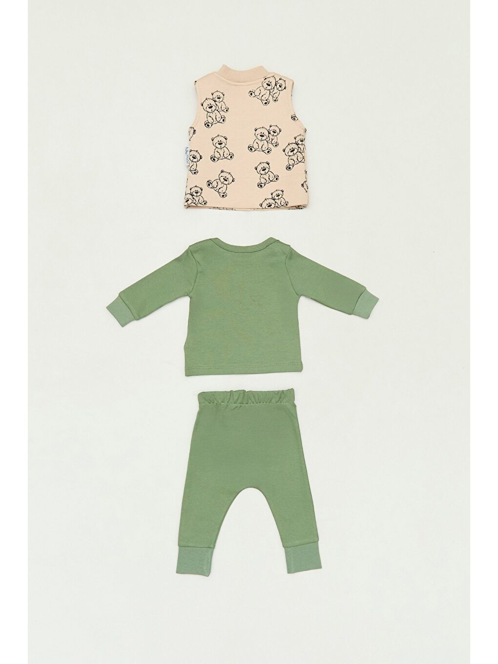 Haki Ayıcık Nakışlı Yelekli 3 Lü Erkek Çocuk Takım-3