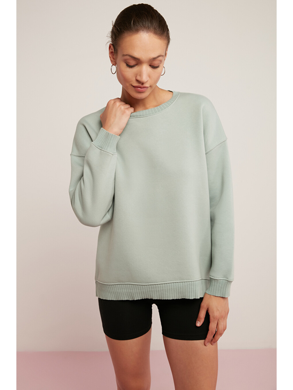 Brenda Kadın İçi Polarlı Yumuşacık Yuvarlak Yaka Kaşkorse Detaylı Oversize Fit Mint Yeşil Sweatshirt-1