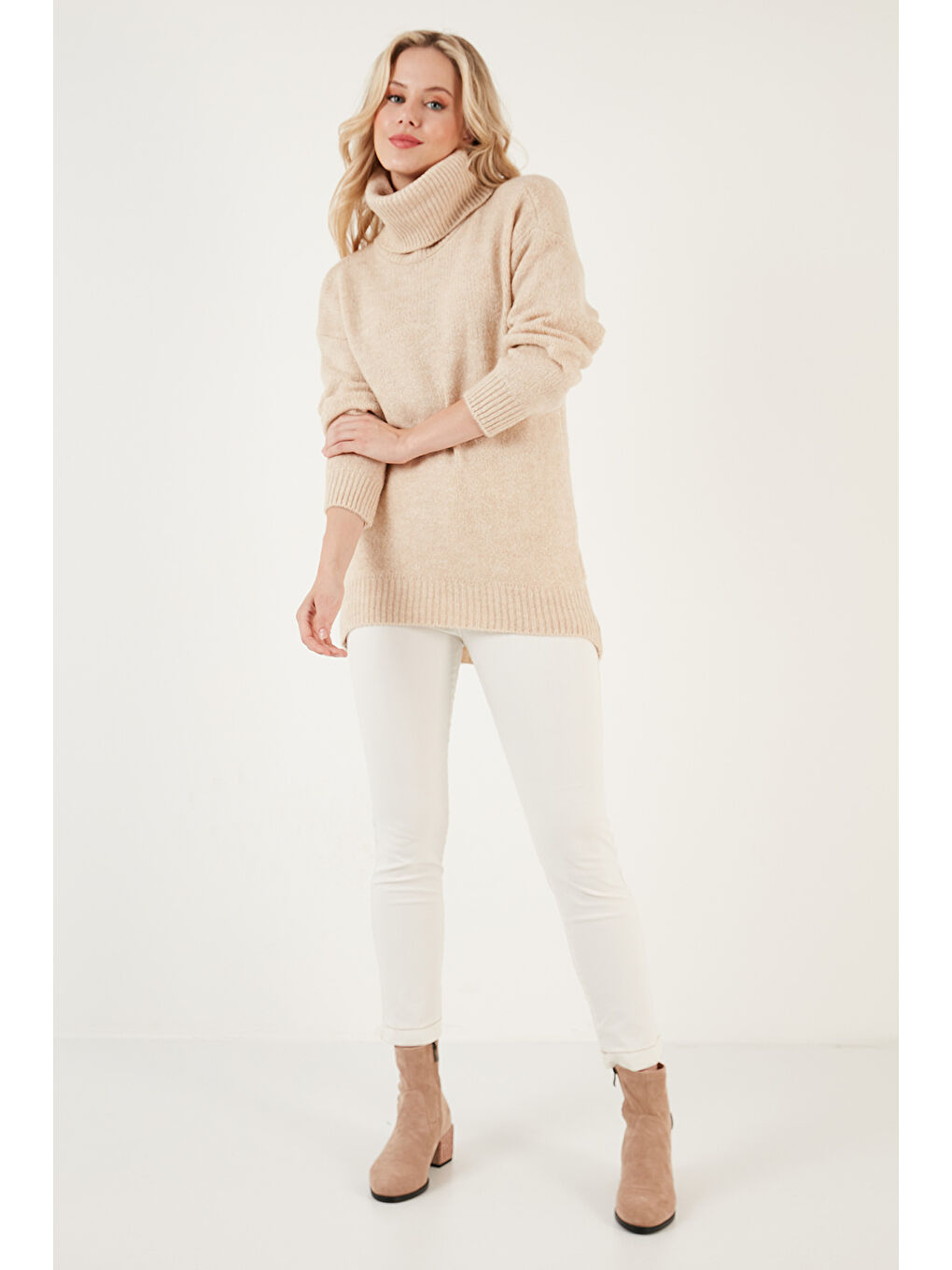 Bej Balıkçı Yaka Örme Uzun Kazak 4615018Y-1