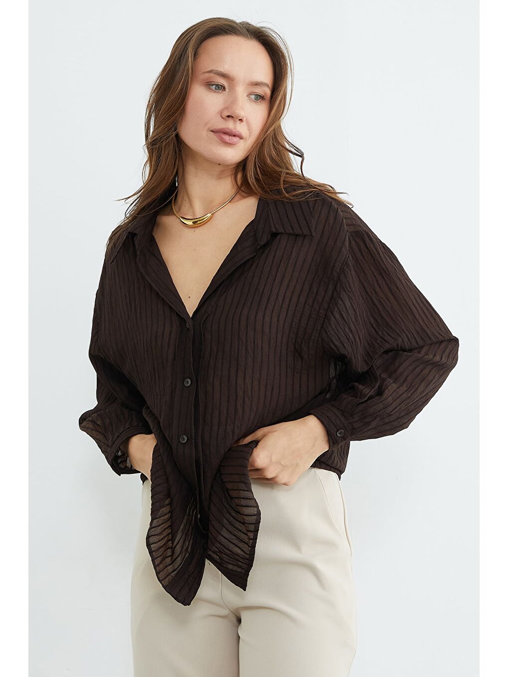 Kahverengi Çizgili Jakarlı Salaş Gömlek-1