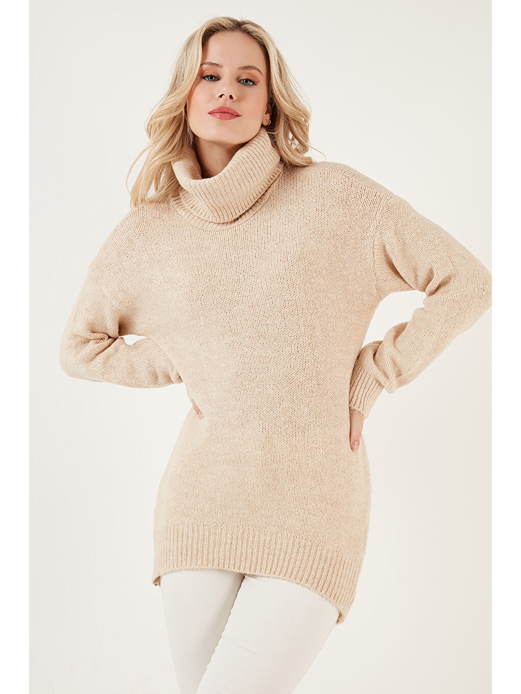 Bej Balıkçı Yaka Örme Uzun Kazak 4615018Y-2