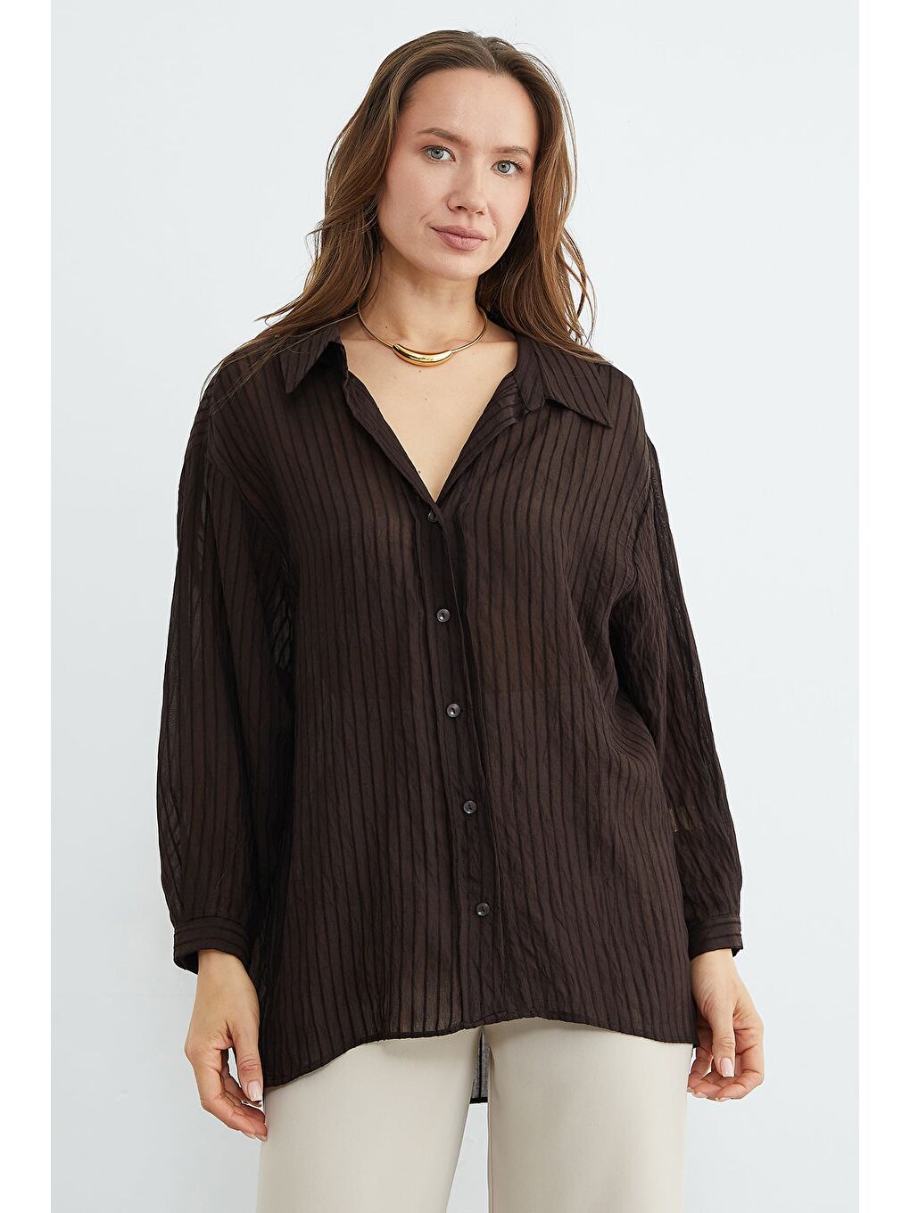 Kahverengi Çizgili Jakarlı Salaş Gömlek-2