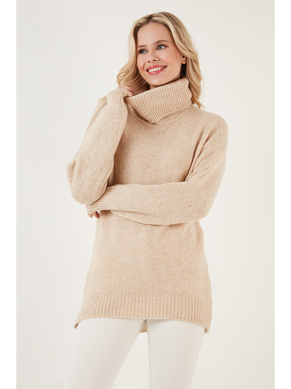 Bej Balıkçı Yaka Örme Uzun Kazak 4615018Y-3