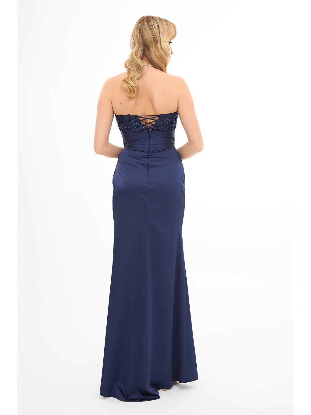 Lacivert Straplez Yırtmaçlı Saten Abiye Elbise-4