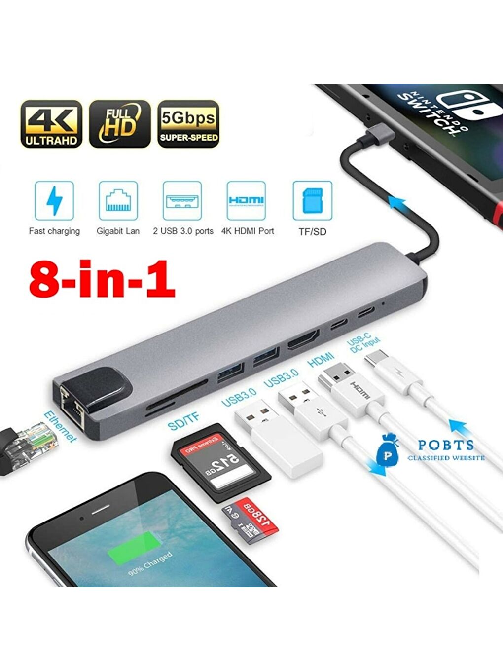 Technow 8 in 1 4K Type C USB 3.0 Hub HDMI RJ45 SDTF Adaptörü - 1