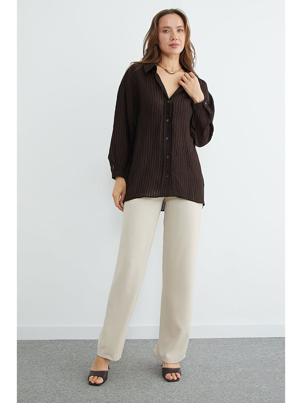 Kahverengi Çizgili Jakarlı Salaş Gömlek-3