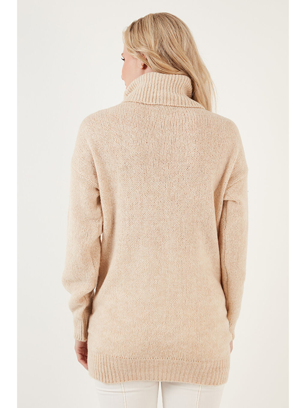 Bej Balıkçı Yaka Örme Uzun Kazak 4615018Y-4