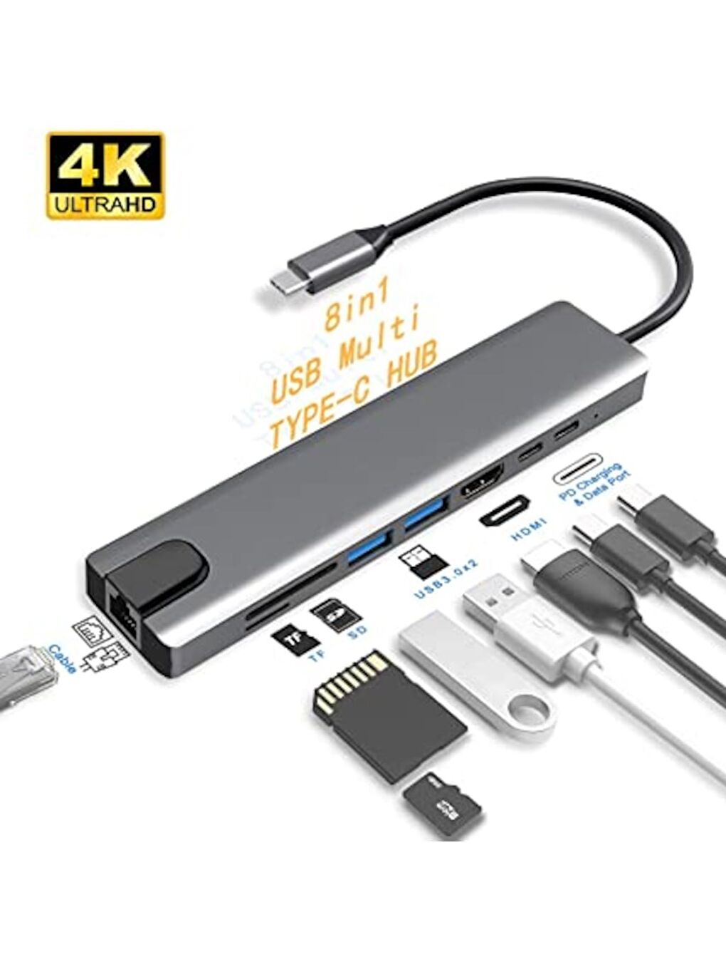 Technow 8 in 1 4K Type C USB 3.0 Hub HDMI RJ45 SDTF Adaptörü - 2