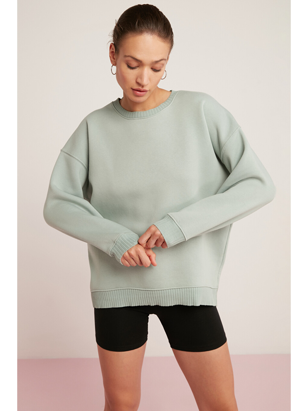 Brenda Kadın İçi Polarlı Yumuşacık Yuvarlak Yaka Kaşkorse Detaylı Oversize Fit Mint Yeşil Sweatshirt-2