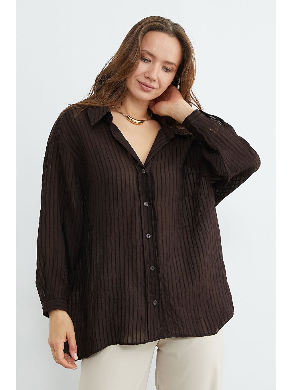 Kahverengi Çizgili Jakarlı Salaş Gömlek-4