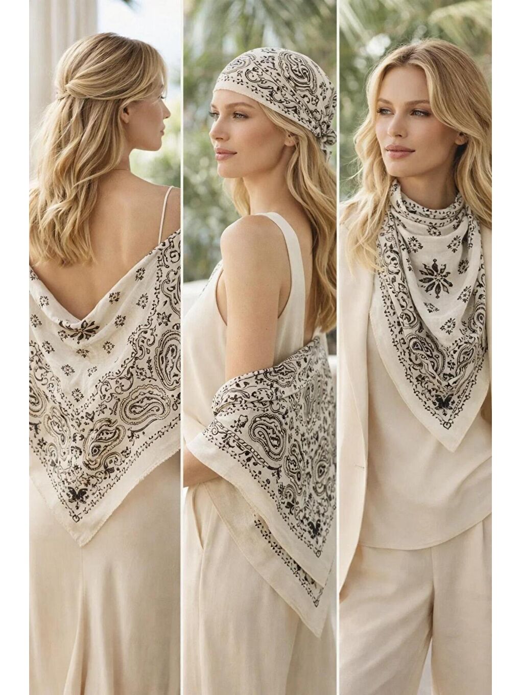 Kahverengi Kadın Kahve Etnik Desenli Bohem Üçgen Şal Bandana 110x110 cm SAL1400 KAHVERENGI-2