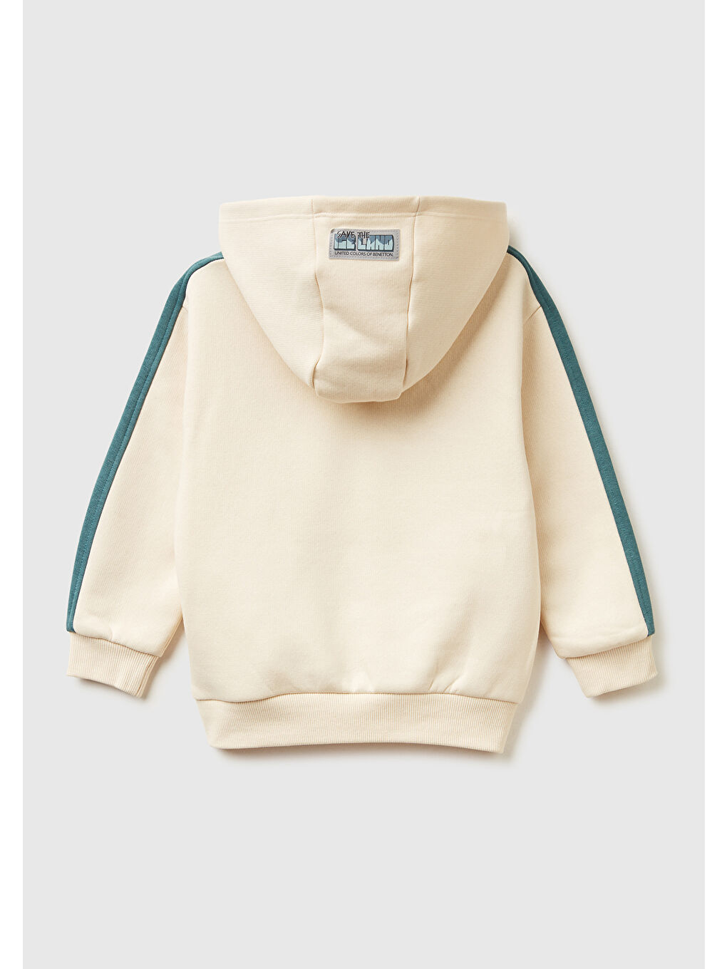 Ekru Erkek Çocuk Krem Önü Baskılı Kolları Şeritli Kapüşonlu Sweatshirt-1