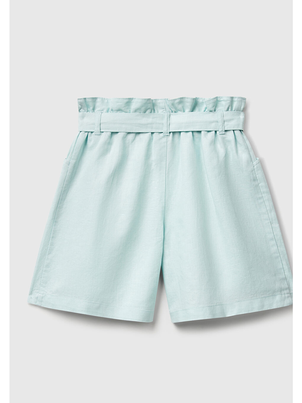 Kız Çocuk Su Yeşili Keten Karışımlı Beli Kuşaklı Wide Fit Bermuda Şort-1