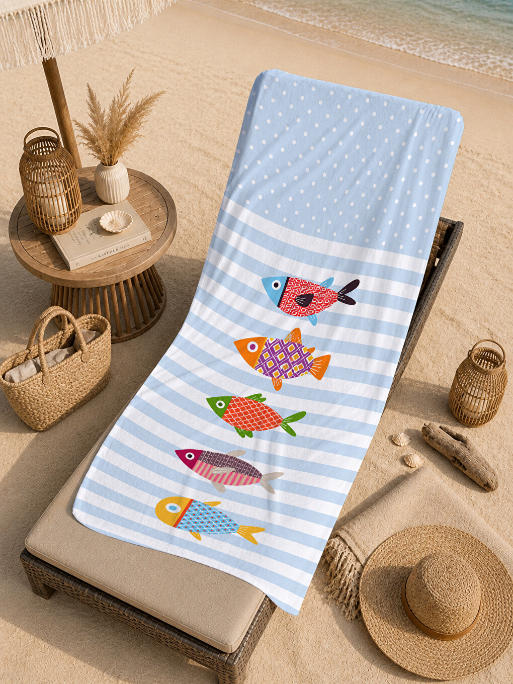 Sevimli Renkli Balıklar Mavi Çizgili Desenli 70x150 Plaj Havlusu - Dijital Baskılı Banyo Havlusu-3