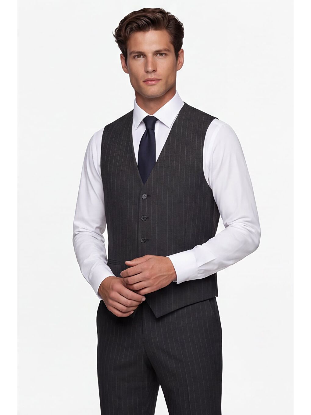 Giotelli Erkek Koyu Gri Dar Kesim Slim Fit Viskon Çizgili Yan Cep Normal Bel 6 Drop Takım Elbise-2