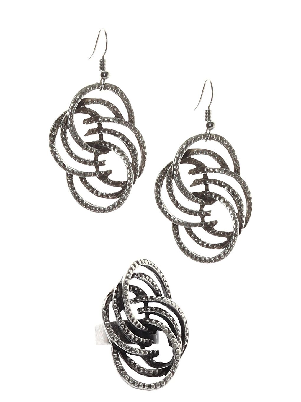 Gri Kadın Antik Gümüş Kaplama Otantik Formlu Sallantılı Model Küpe & Yüzük Seti