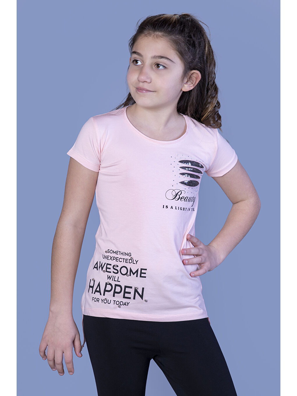 Toontoykids Pudra Kız Çocuk T-Shirt Göğsü Lazer Kesim Taşlı