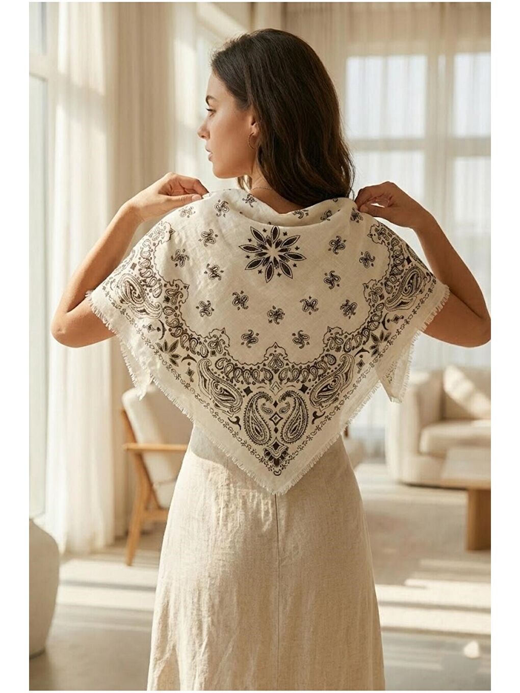 Kahverengi Kadın Kahve Etnik Desenli Bohem Üçgen Şal Bandana 110x110 cm SAL1400 KAHVERENGI-6