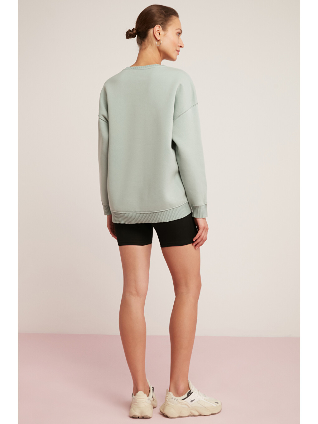 Brenda Kadın İçi Polarlı Yumuşacık Yuvarlak Yaka Kaşkorse Detaylı Oversize Fit Mint Yeşil Sweatshirt-5