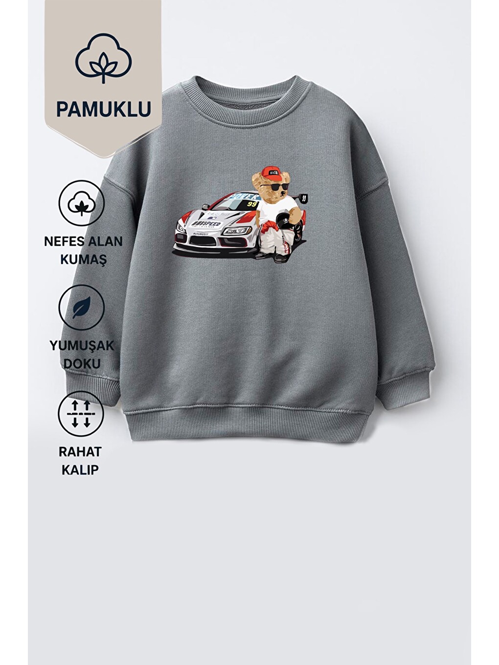 Antrasit Erkek Çocuk Ayıcık Baskılı 3 İplik Kumaş Pamuklu Sweatshirt-1