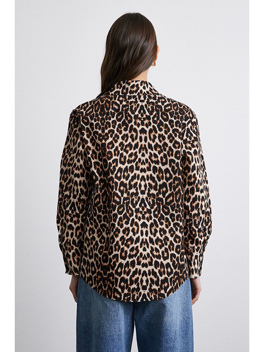 Leopar Desenli Poplin Gömlek Bej-1