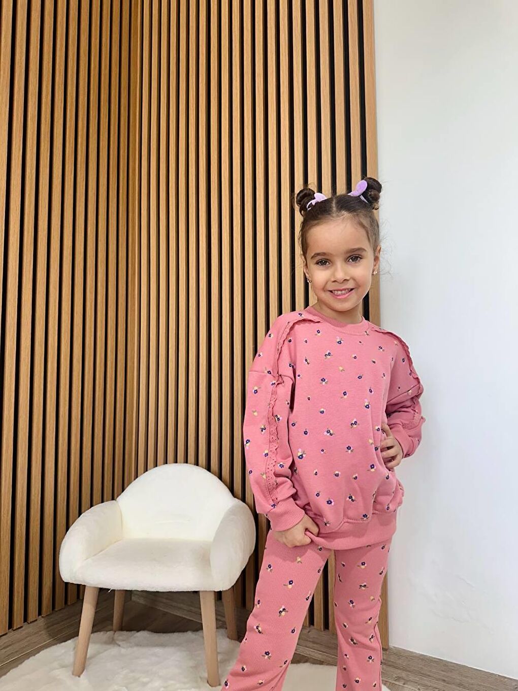 Pembe Kız Çocuk Pamuklu Gül Kurusu Mini Çiçek Desenli Sweatshirt & Flare Eşofman Takım-4