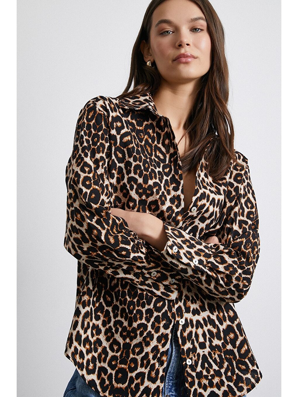 Leopar Desenli Poplin Gömlek Bej-4