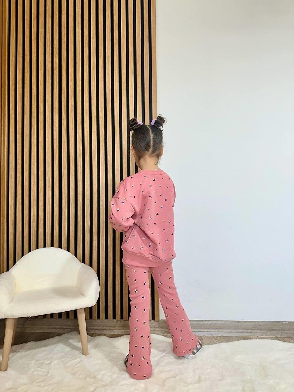 Pembe Kız Çocuk Pamuklu Gül Kurusu Mini Çiçek Desenli Sweatshirt & Flare Eşofman Takım-5