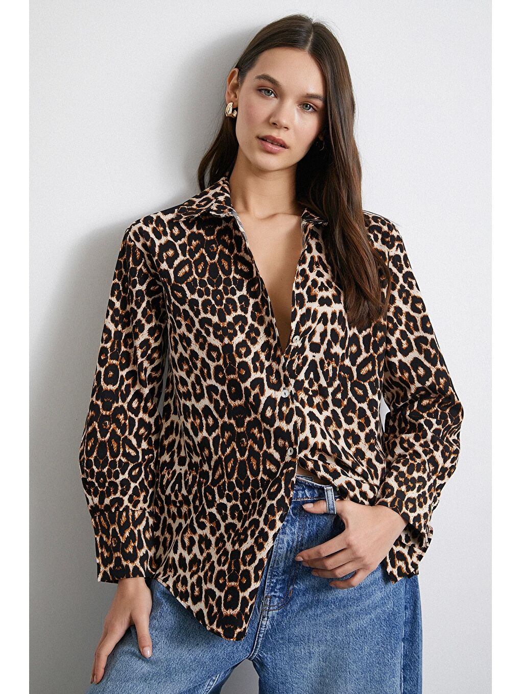 Leopar Desenli Poplin Gömlek Bej-5