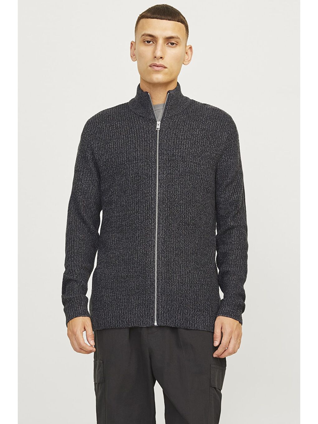 Gri Essentials Jjelewis Regular Fit Fermuarlı Dik Yaka Örme Erkek Hırka 12257483