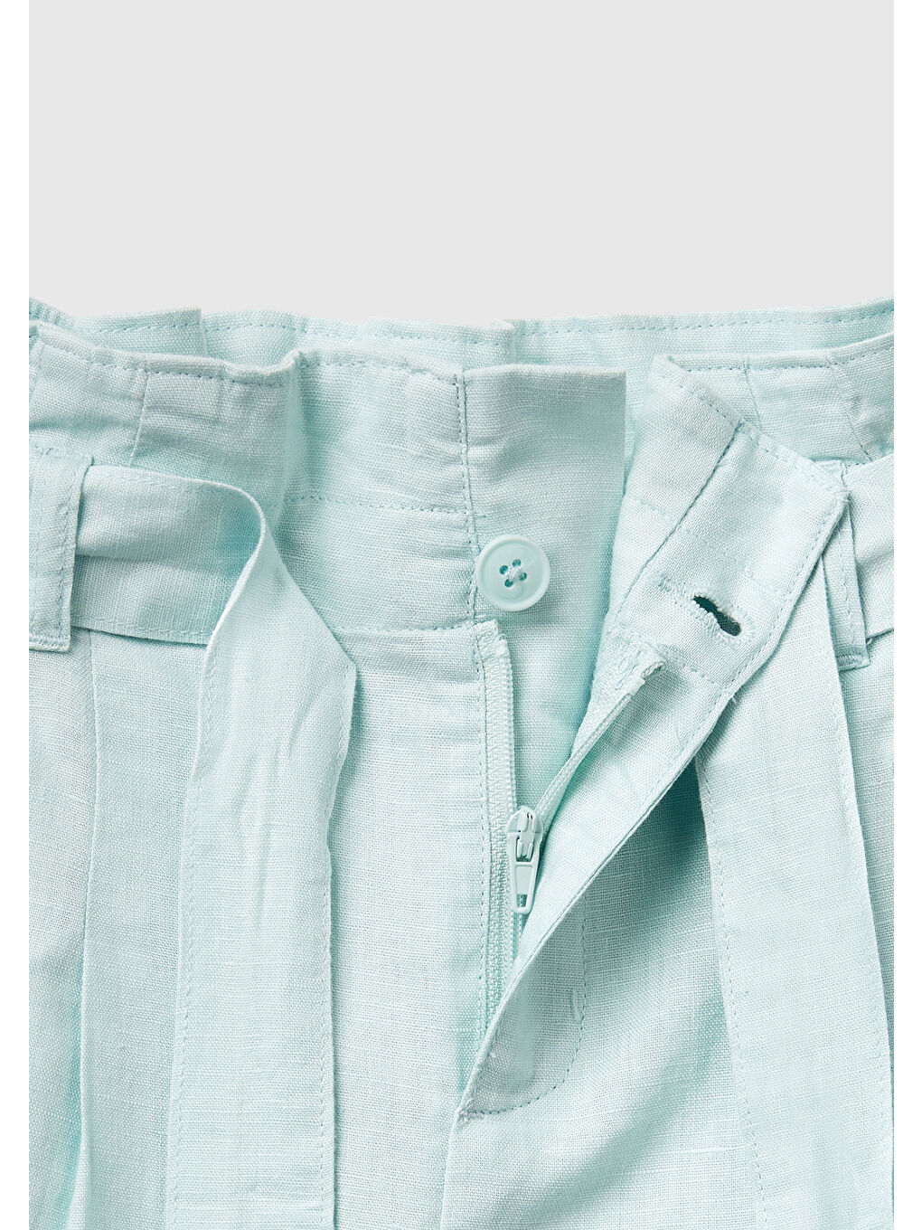 Kız Çocuk Su Yeşili Keten Karışımlı Beli Kuşaklı Wide Fit Bermuda Şort-2