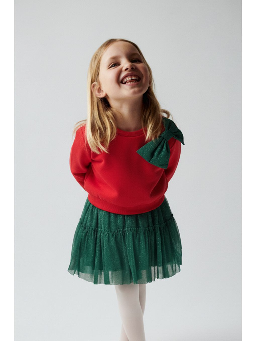 Kız Çocuk Pamuklu Kırmızı Fiyonklu Sweatshirt Yeşil Tüllü Etekli Takım - Ve Konforlu Kombin