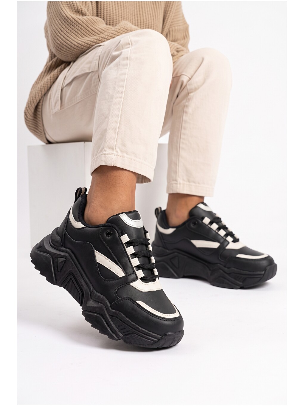 Siyah Kadın, Kalın Tabanlı, Bağcıklı, Hafif, Günlük Spor Ayakkabı, Sneaker-2