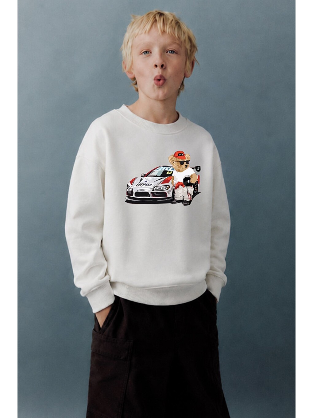 Ekru Erkek Çocuk Ayıcık Baskılı 3 İplik Kumaş Pamuklu Sweatshirt