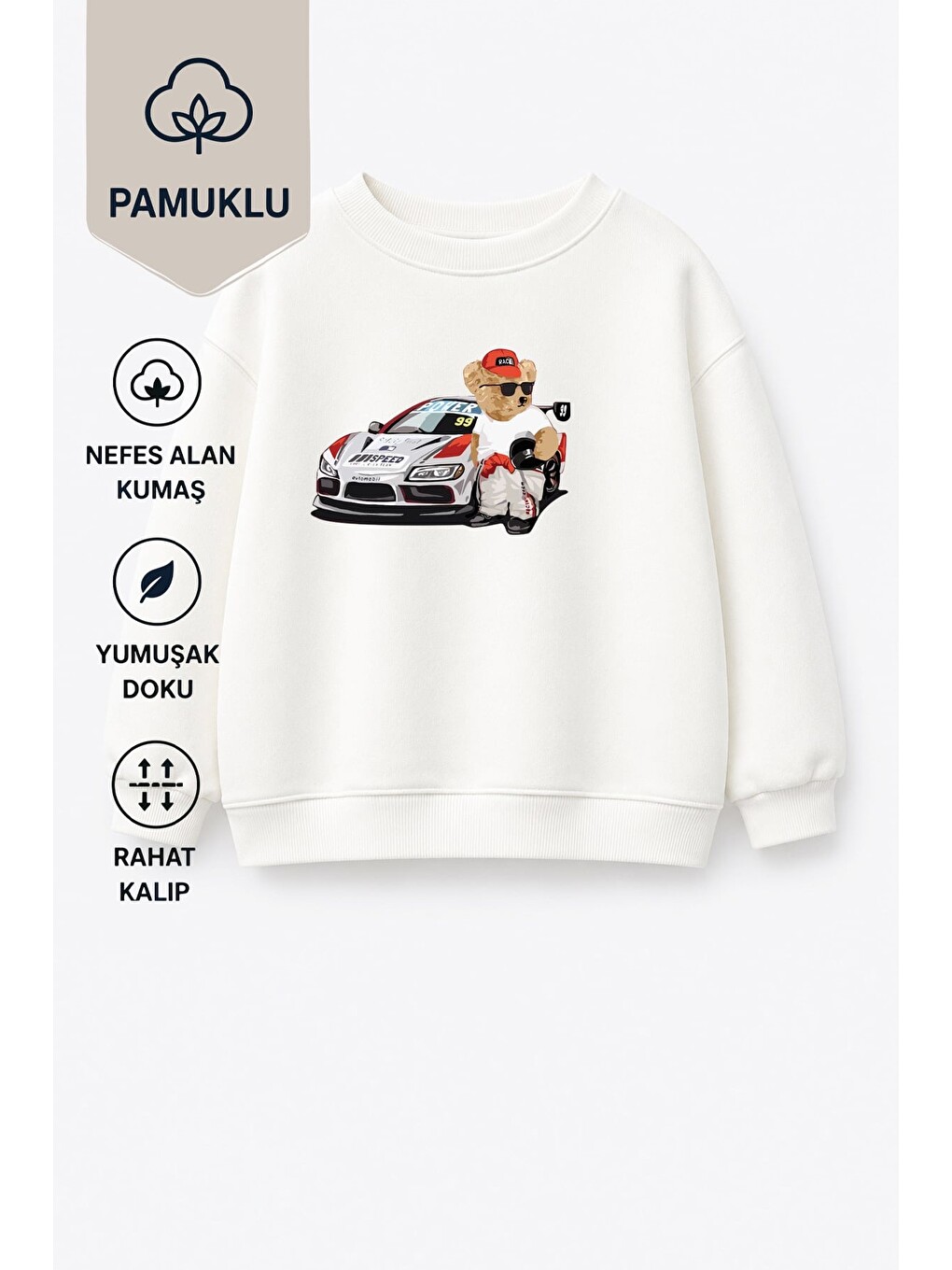 Ekru Erkek Çocuk Ayıcık Baskılı 3 İplik Kumaş Pamuklu Sweatshirt-2