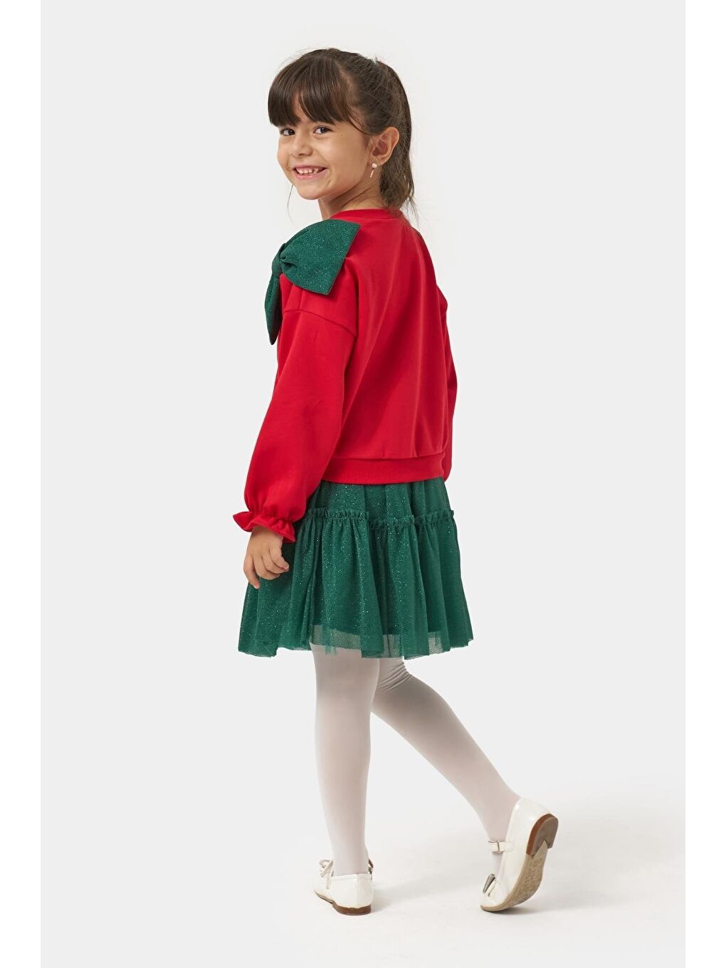 Kız Çocuk Pamuklu Kırmızı Fiyonklu Sweatshirt Yeşil Tüllü Etekli Takım - Ve Konforlu Kombin-1