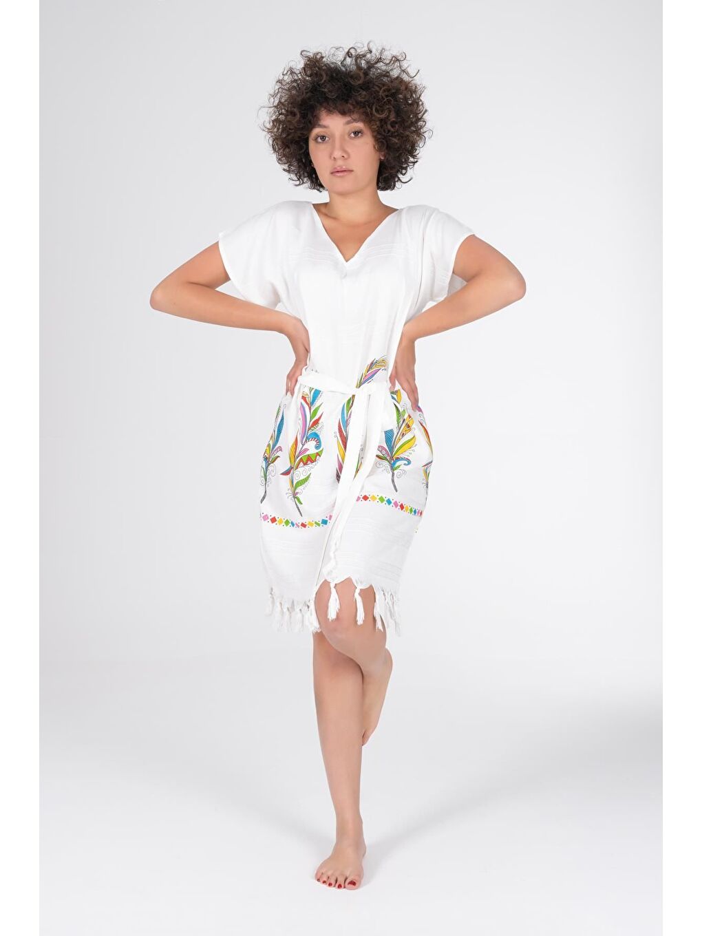 Ekru Baskılı Bambu Plaj Elbisesi