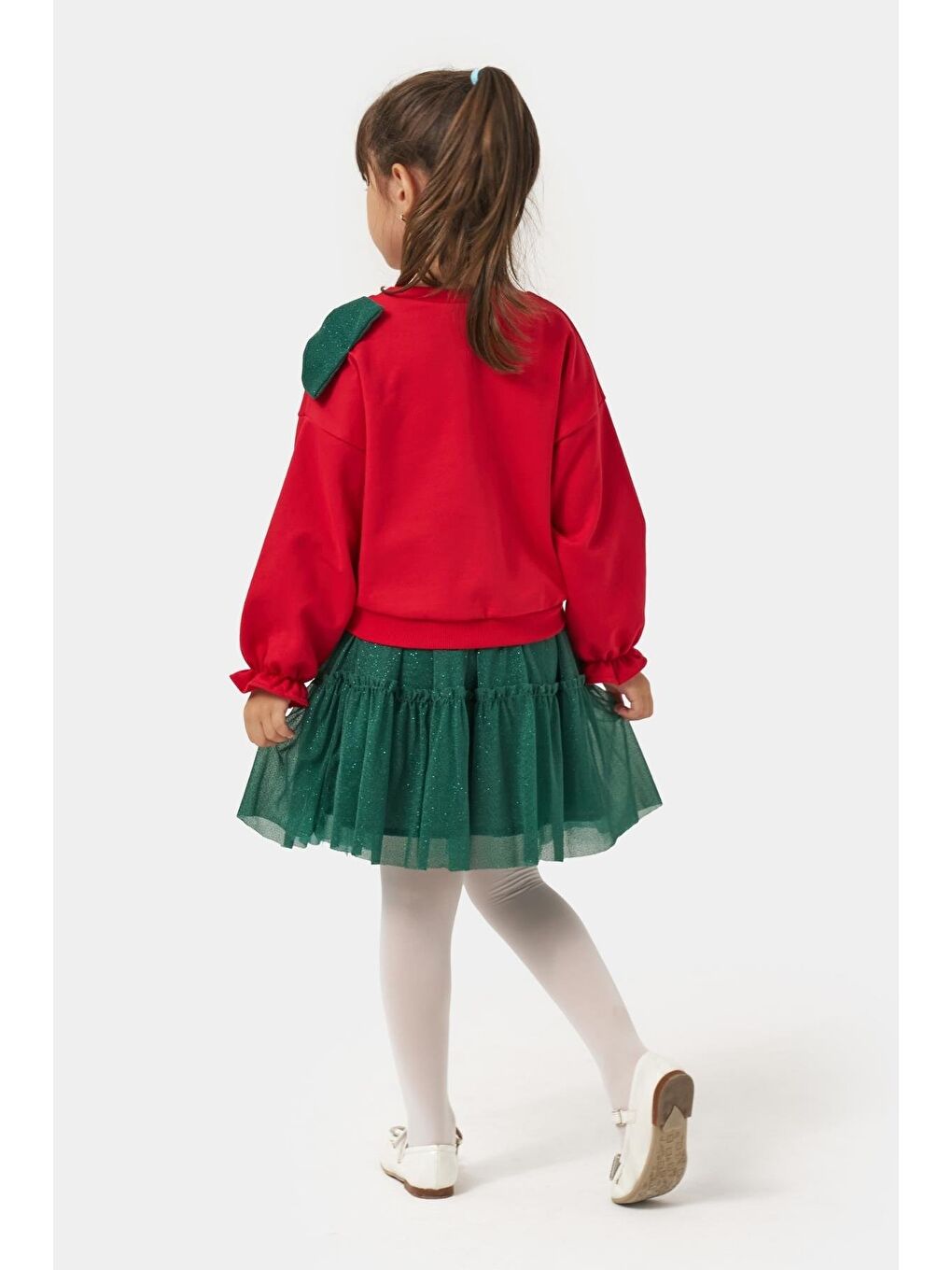 Kız Çocuk Pamuklu Kırmızı Fiyonklu Sweatshirt Yeşil Tüllü Etekli Takım - Ve Konforlu Kombin-2